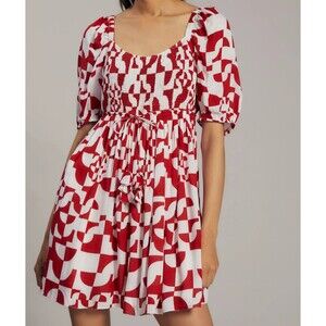 Anthropologie Geisha Designs Smocked Puff Sleeve Geo Print Mini Dress Red Wt XS